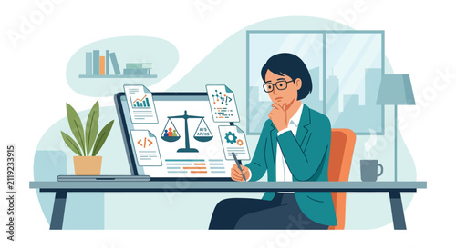 Professional woman reviewing digital ethics and data compliance on laptop screen flat design illustration