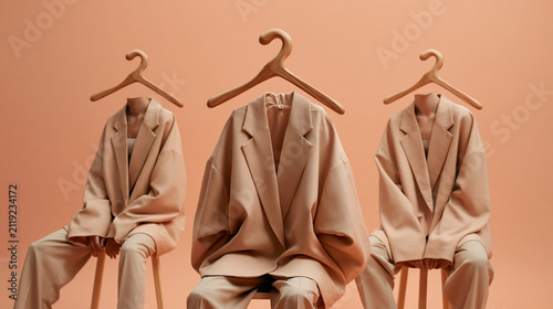 Three Faceless Figures in Beige Blazers on Wooden Hangers
