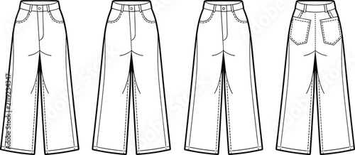 Technical fashion sketch of wide leg denim jeans showing front and back views for apparel design production