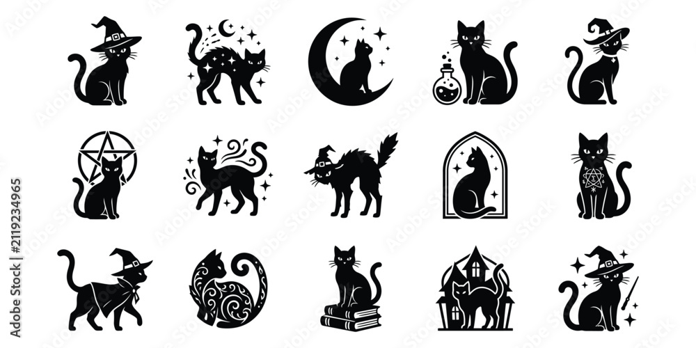 Obraz premium Set of black cat silhouettes for halloween featuring mystical elements like moons stars hats and magical potions for design