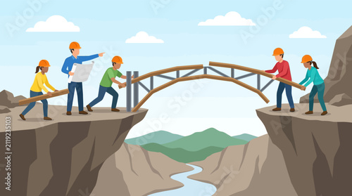 Professional engineering team building wooden bridge over canyon gap to connect two cliffs flat design vector illustration.
