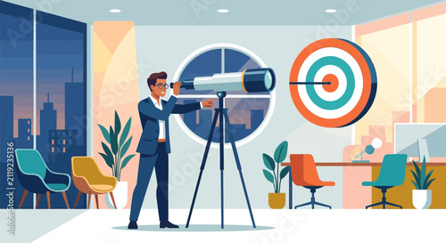 Professional marketing strategist searching for business goals using telescope in office flat design vector illustration.
