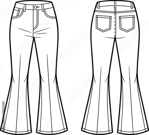 Technical fashion sketch of womens flare jeans showing front and back views with pockets and fly detail
