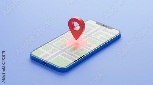 Modern smartphone with a vibrant red location pin, a digital map interface for navigation and GPS tracking. Mobile device displaying a route, ideal for travel, logistics