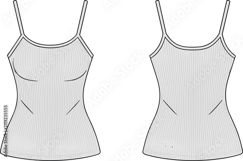 Front and back view of a grey womens camisole tank top fashion sketch for apparel design