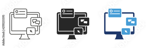 Computer monitor notification icon, online chat popup click cursor symbol, web user interface multitasking vector illustration