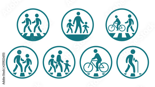 Pedestrian Crossing icon set, cyclist and walking person road safety symbols