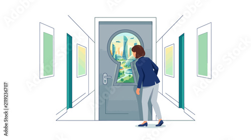Professional businesswoman looking through keyhole at futuristic city landscape symbolizing future opportunities flat design vector illustration.