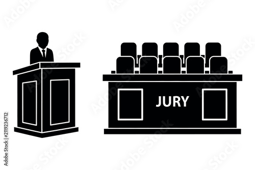 фотографія Courtroom silhouette judge's podium and jury box illustration in black and white
