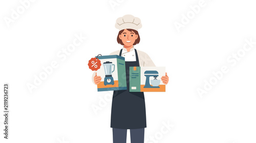 Professional female chef holding new kitchen appliance boxes with discount tag for culinary sale flat design vector illustration.