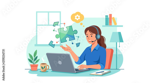 Professional female help desk operator solving complex technical problems with laptop flat design vector illustration