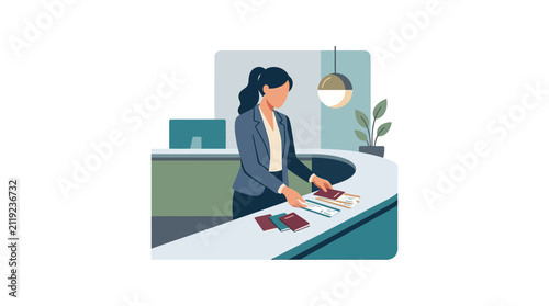 Professional Female Administrator Organizing Travel Documents at Reception Counter Flat Vector Illustration