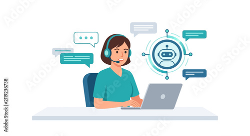 Professional female customer support agent working with AI chatbot technology at desk flat vector illustration