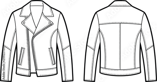 Technical fashion sketch of a classic motorcycle leather jacket with front and back views for design
