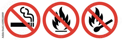 Fire Safety Prohibition, red warning symbols for no smoking, no open flame and no match signs, flammable hazard prevention vector illustration.