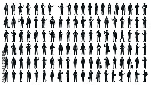 People silhouettes represent a diverse group of professionals and workers in a large collection.
