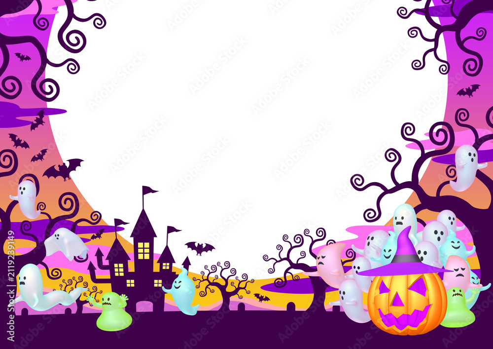 Fototapeta premium ハロウィンの背景イラスト素材 魔法使いの帽子を被ったカボチャとゴーストたち（1_1）