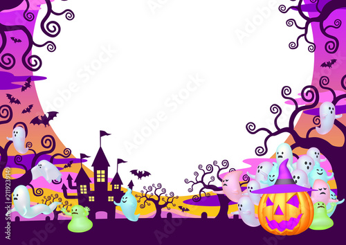 ハロウィンの背景イラスト素材　魔法使いの帽子を被ったカボチャとゴーストたち（1_1）