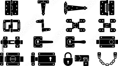 Door Hinge & Latch Silhouette Icon Set. Collection of locksmith & security silhouettes, including door hinge, latch, hardware, fitting, and more.