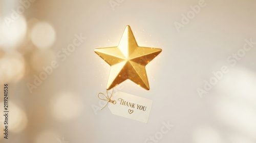 Golden star with thank you tag on soft bokeh background for thank you card banner and greeting design