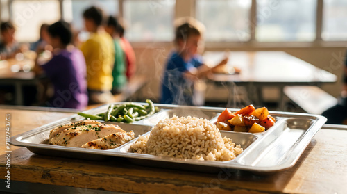 Healthy school lunch tray with steaming brown rice and grilled chicken and roasted vegetables sitting on wooden counter in sunny cafeteria with blurred children eating.