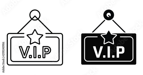 Fotografía VIP Hanging Sign icon set, star symbols in outline and solid black styles, premium membership access and exclusive event branding vector illustration