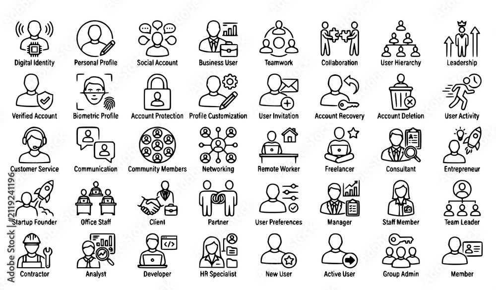 Obraz premium Professional User Line Icon Pack with Account Profile Team and Identity Outline Symbols