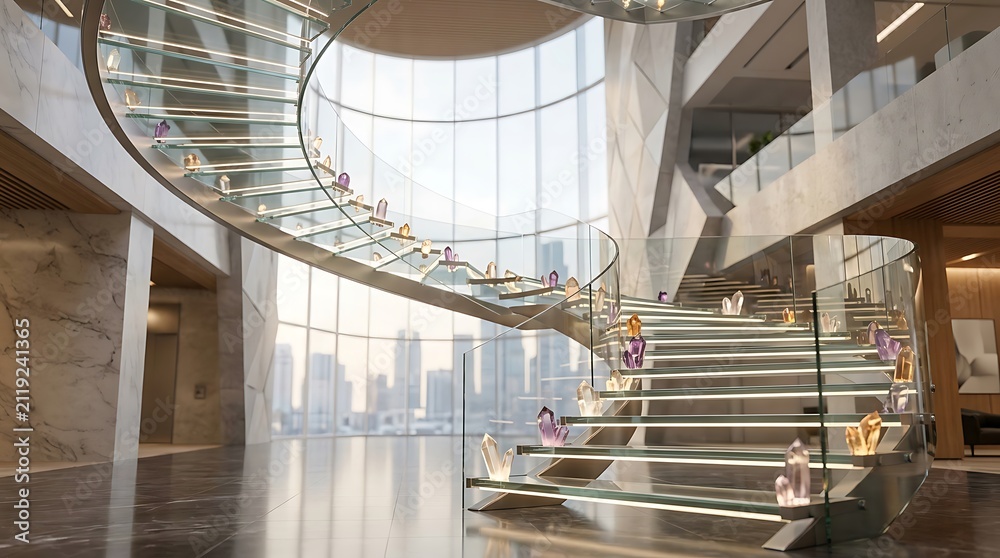 Naklejka premium A spiral staircase with crystals used to analise dados concepts in a modern corporate office building interior view
