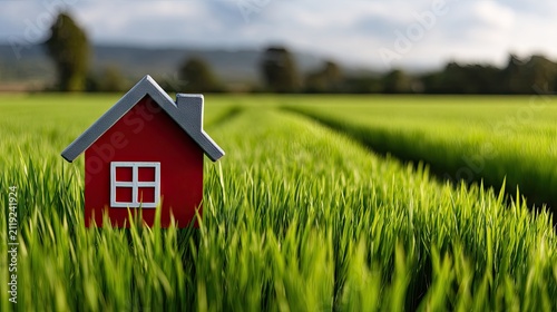 Wide angle view of a green landscape featuring a red map marker and house icon in a clear blue sky setting