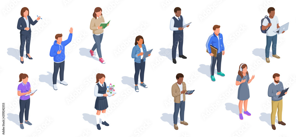 Fototapeta premium Classroom activities vector set with students and teachers studying, teaching and learning | Isometric flat illustration graphics