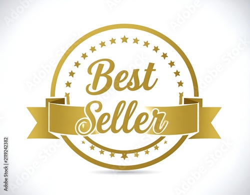 Gold Best Seller Badge Vector Graphic with Decorative Stars and Ribbon Banner