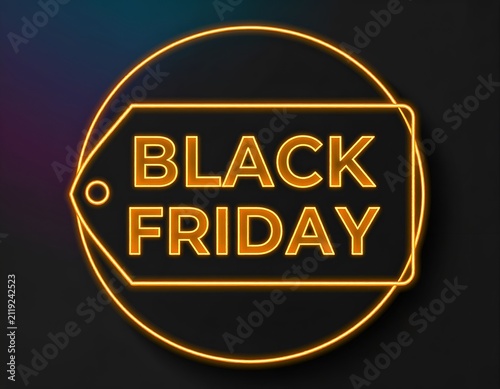Glowing Neon Black Friday Sales Tag Signage on Dark Background