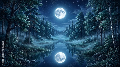 Moon reflection in a mystical forest at night