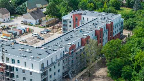 Aerial view of a newly constructed modern apartment building in Gorzow Wielkopolski, Poland