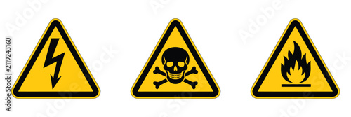 Warning Signs, triangular caution symbols with flammable, electrical, high voltage, biohazard and skull danger signs, hazard signage vector illustration.