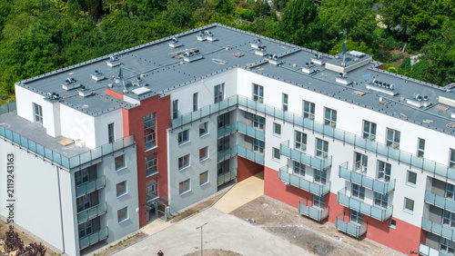 Aerial view of a newly constructed modern apartment building in Gorzow Wielkopolski, Poland