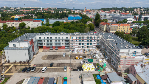 Bild auf Leinwand Aerial view of a newly constructed modern apartment building in Gorzow Wielkopol