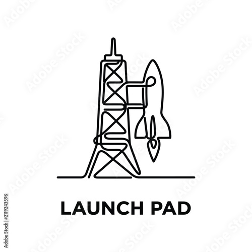Фотография Line art rocket ship and launch pad illustration with a minimalist aesthetic on