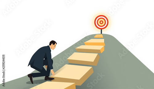 A man in a suit ascends stairs, focused on reaching a target at the top.