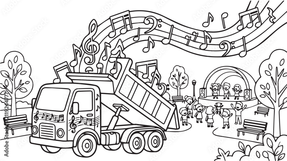 Obraz premium Dump truck pouring musical notes in a city park with a concert stage Vector