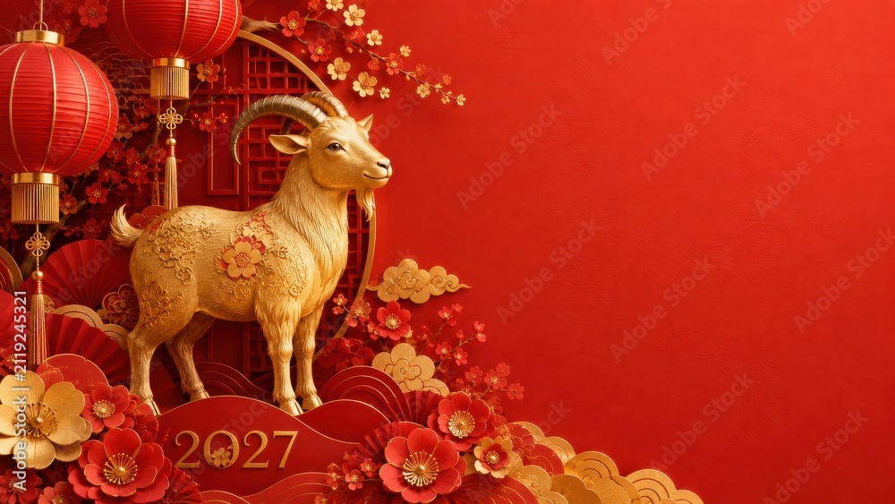 Fototapeta premium 2027 new year goat with red lanterns and copy space