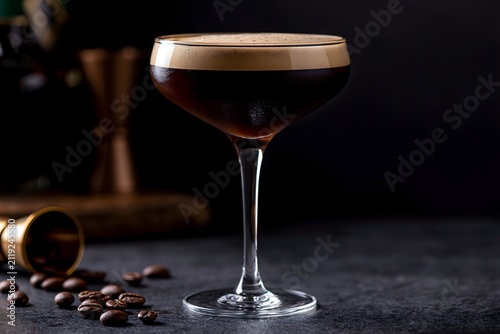 Classic Espresso Martini Cocktail in Glass with Thick Foam and Coffee Beans. Elegant espresso martini in a martini glass set on a dark slate coaster over a rustic wooden bar counter.