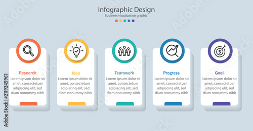 Business Process Timeline Infographic Template with Steps and Data Visualization Icons.