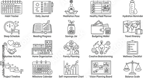 Фотография Set of lifestyle and self-improvement line icons representing personal growth an