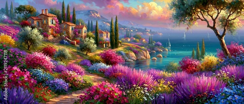 Vibrant impressionist painting of a peaceful Mediterranean coastal village with blooming lavender fields, rustic stone villas, olive trees, and turquoise sea, celebrating timeless European charm and s