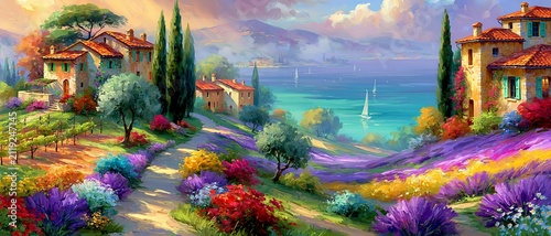 Vibrant impressionist painting of a peaceful Mediterranean coastal village with blooming lavender fields, rustic stone villas, olive trees, and turquoise sea, celebrating timeless European charm and s