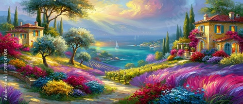 Vibrant impressionist painting of a peaceful Mediterranean coastal village with blooming lavender fields, rustic stone villas, olive trees, and turquoise sea, celebrating timeless European charm and s