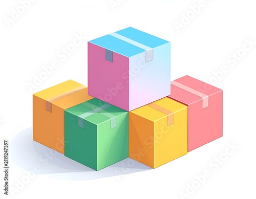 Colorful 3D Rendered Cardboard Boxes Stacked in an Isometric Arrangement