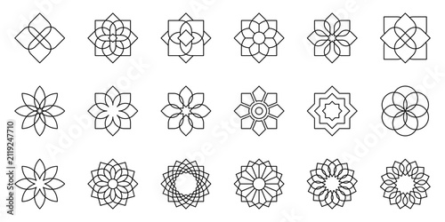 Geometric floral mandala vector icons. Minimal line ornament set with lotus flowers, arabesque motifs and circular geometric patterns. Editable stroke outline symbols for logos and decorative design