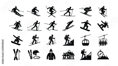 Collection of winter sport and mountain activity icons in silhouette style